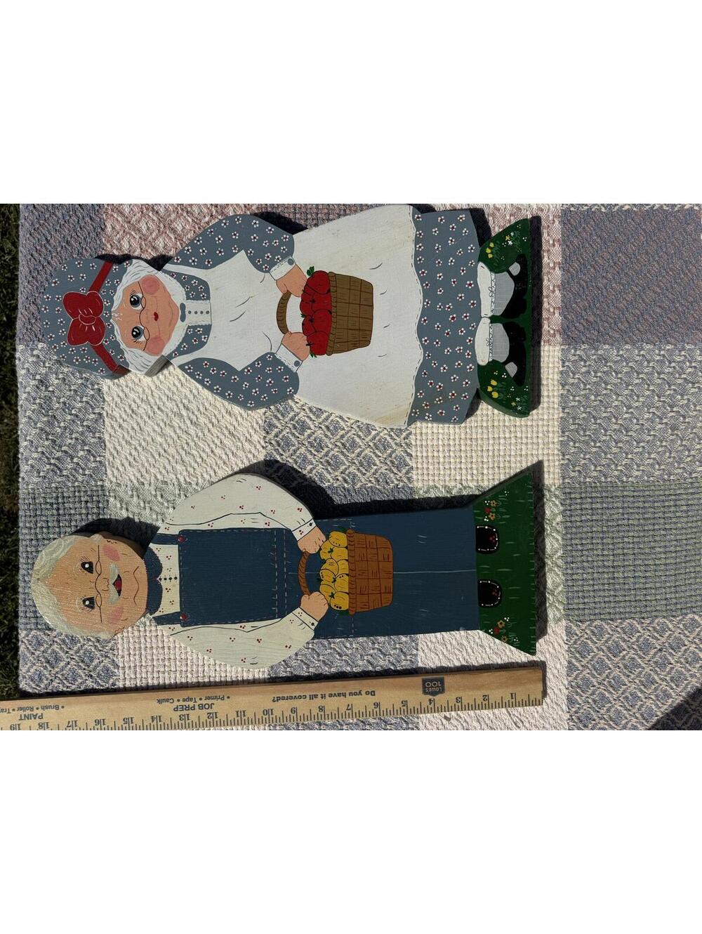Vintage Hand-Painted Wooden Grandma and Grandpa Figurines with Fruit Baskets